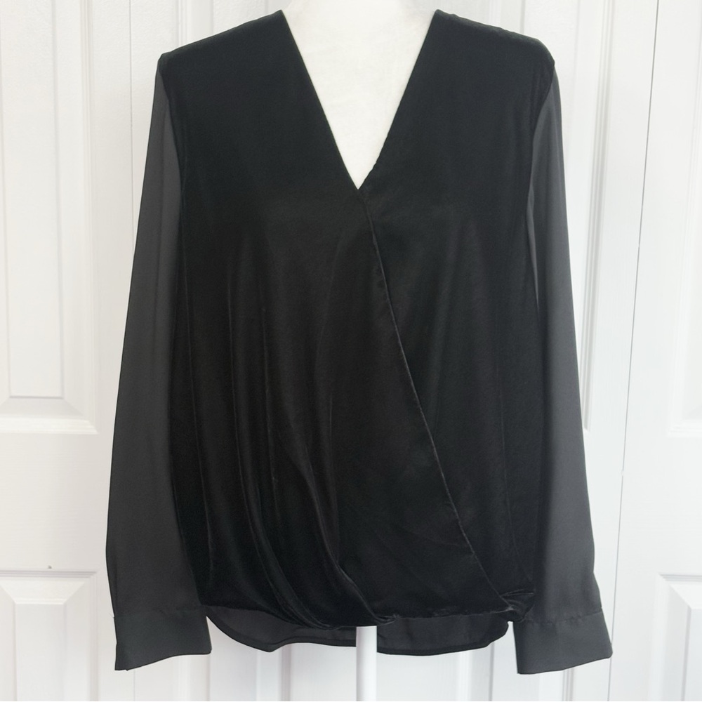Ann Taylor Black Velvet Mixed Media Surplice Faux Wrap Blouse Large